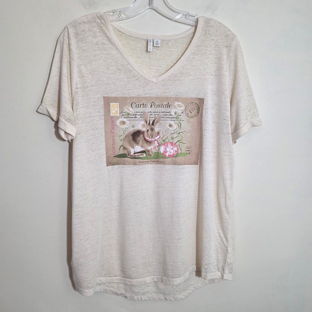 Cato Easter bunny sparkly daisy postcard graphic v-neck burnout shirt woman sz M